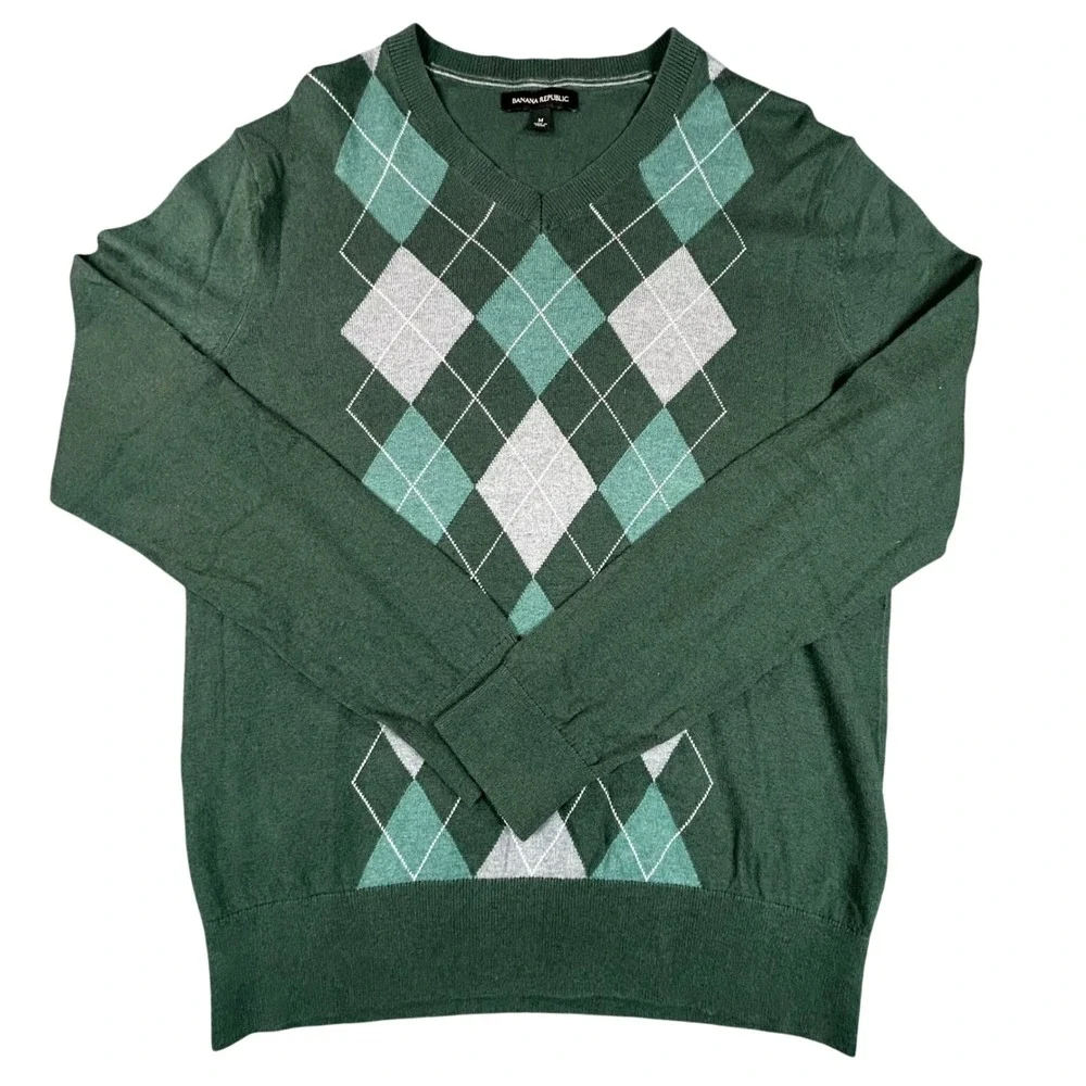 Banana Republic Silk Cashmere Blend Sweater Mens M Green V Neck Argyle Comfort‎